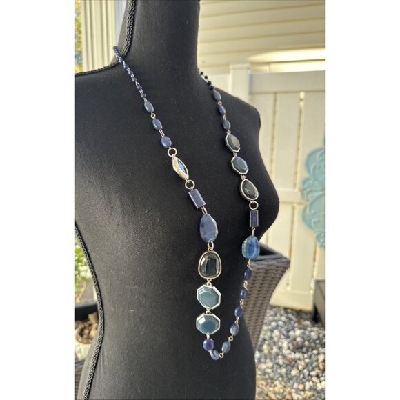 Chicos Blue Stone Silver Tone 19" Long Beaded Chain Statement Necklace NEW - Picture 5 of 16